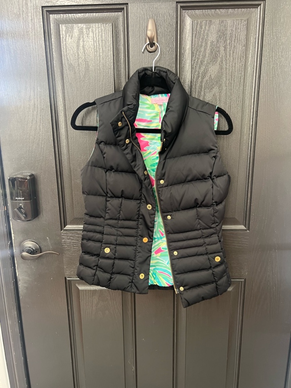 Lilly Pulitzer Black Quilted Vest with Pink & Aqua Tropical Lining